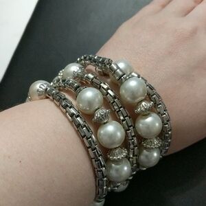 Silver Tone Faux Pearl Multi Wrap Bauble Bracelet